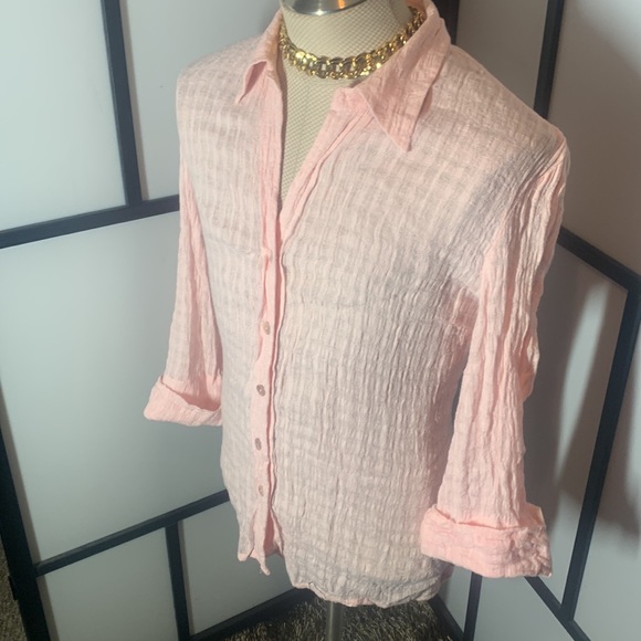 Harve Benard by Benard Holtzman Pink Sheer Linen Summer Button Down Shirt - Picture 3 of 12